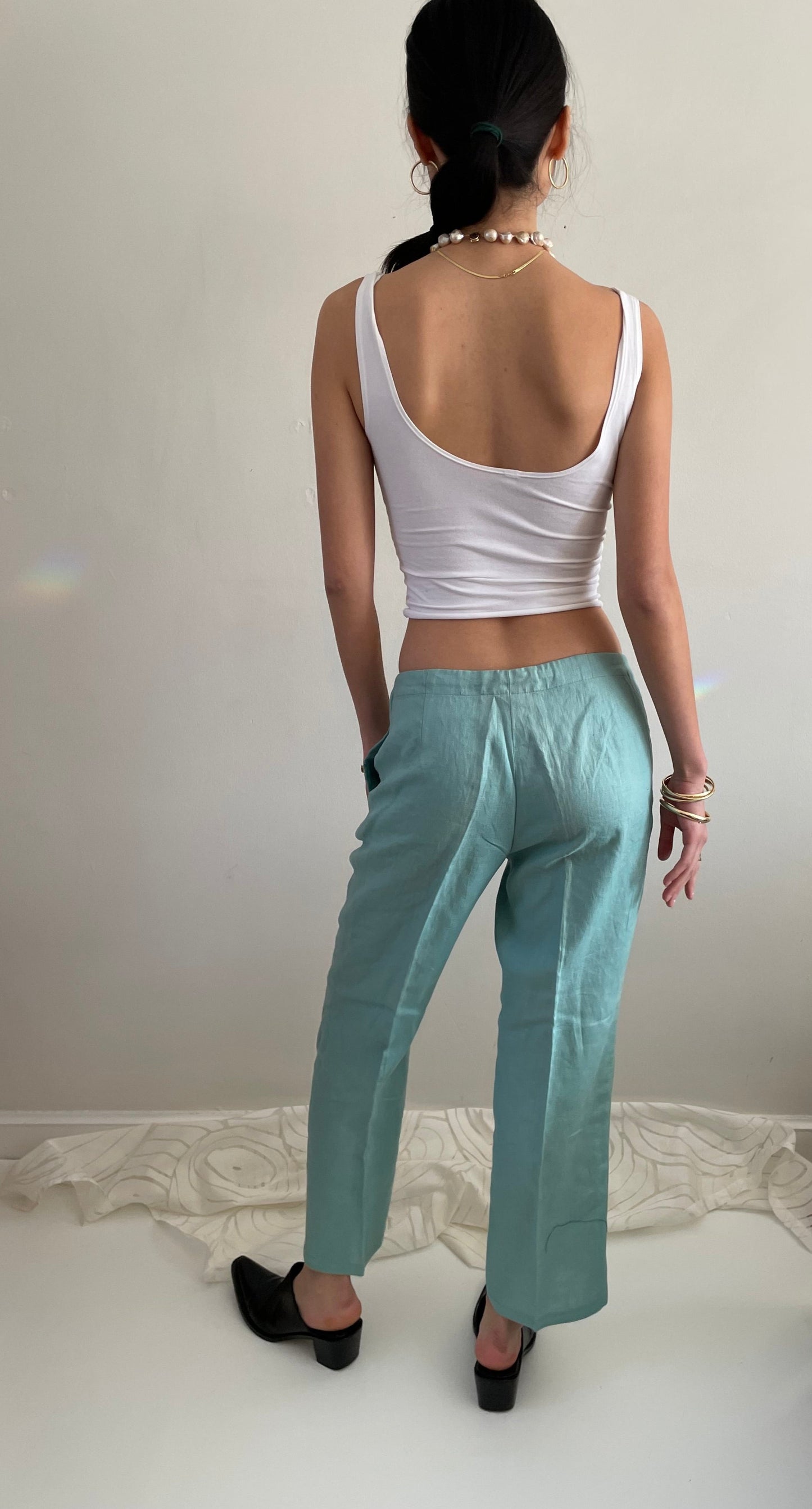 vintage linen drawstring sea foam aqua green linen easy wide leg pants | Medium