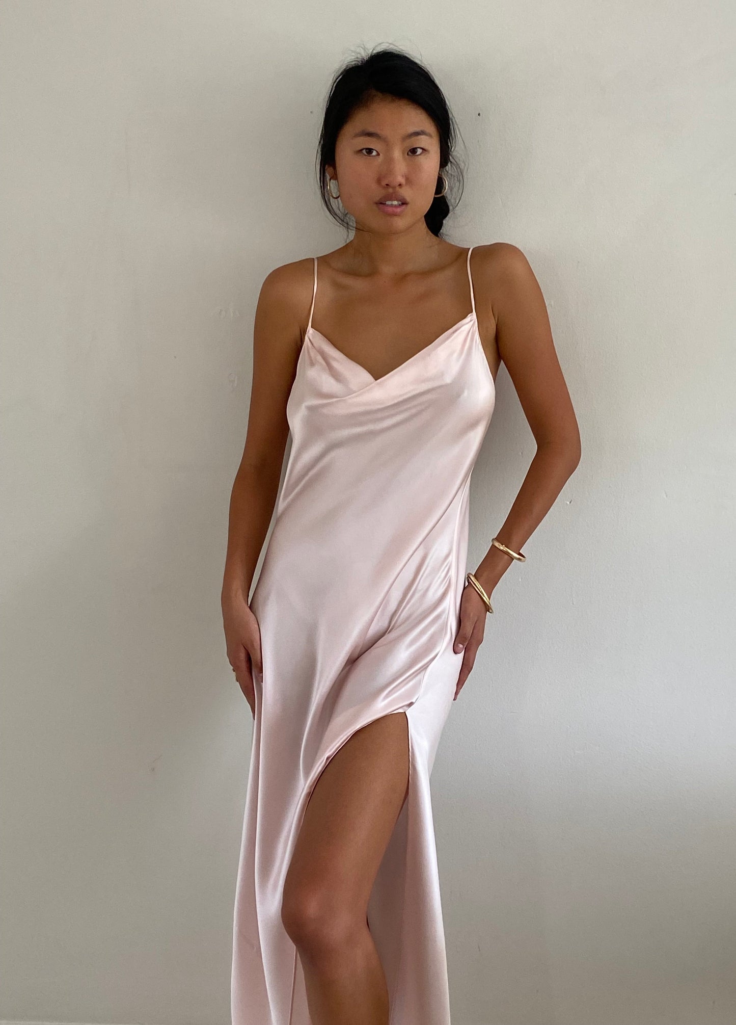 vintage 90s 100% silk charmeuse blush pink maxi slip wedding guest dress M/L