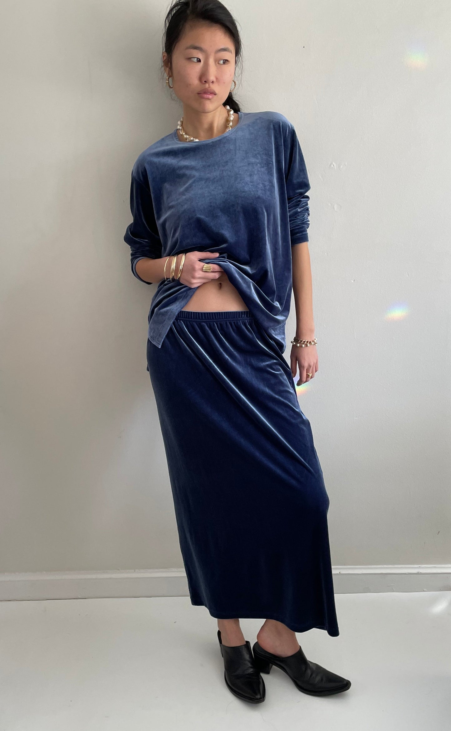 vintage 90s stretch velvet 2 piece indigo blue tunic sweatshirt + skirt matching set XL