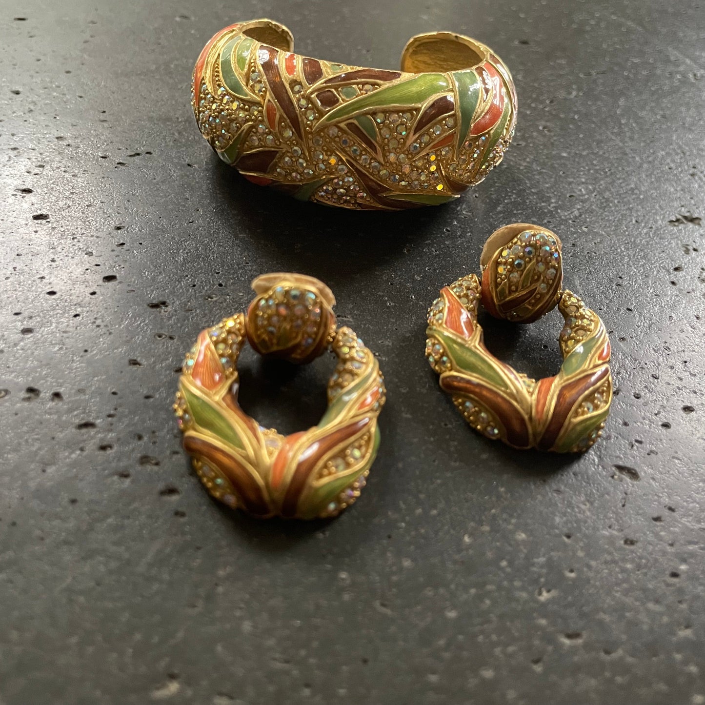 Vintage 90s Roxanne Assoulin Enamel Cuff Bracelet and Door Knocker Earring Matching Set Jewelry