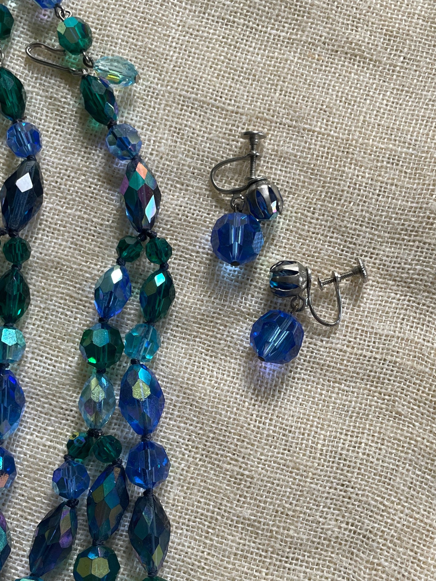 Vintage 50s Blue Aurora Borealis Cut Crystal 3 Strand Choker Collar Necklace + Earrings