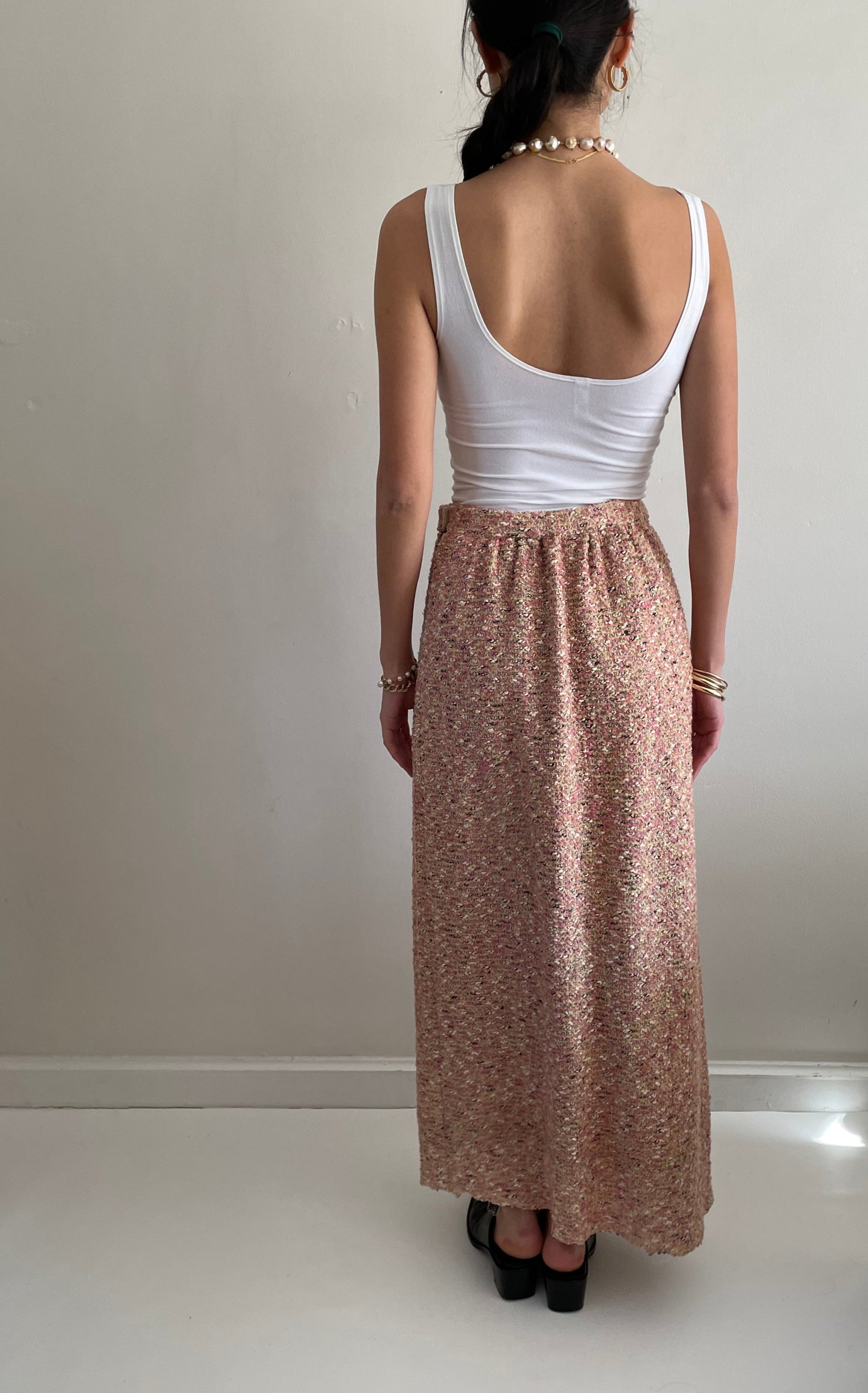 vintage 70s pink nubby boucle wool tweed handmade maxi skirt | Waist size 26
