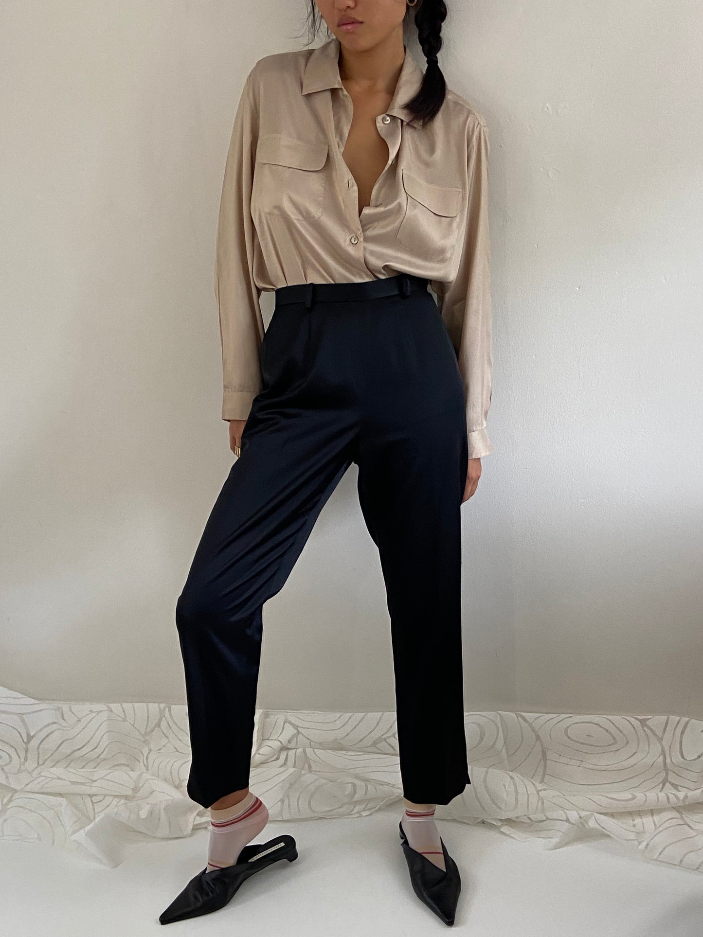 Vintage Black Silk Pants - Duchess Silk High Waisted Flat Front Cigarette Trousers Pants 28 Waist