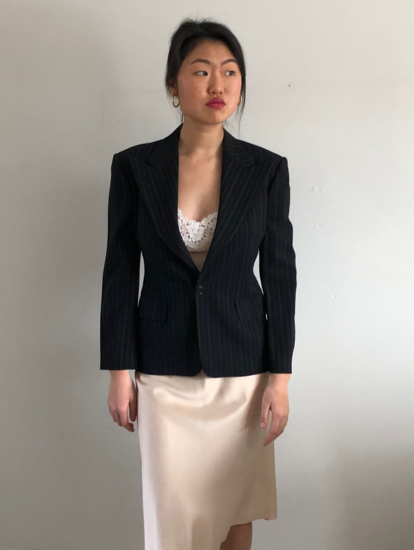 Vintage 90s Ralph Lauren Collection Cropped Pinstripe Black Wool Blazer | Purple Label USA size 10