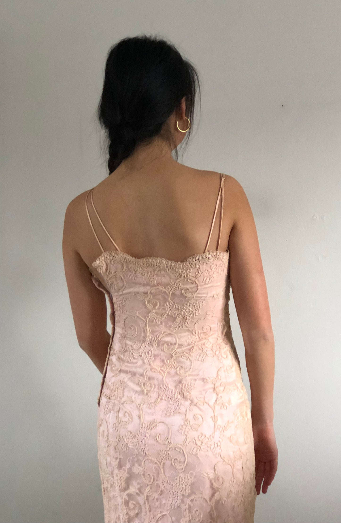 vintage 50s 60s chantilly lace strapless wiggle mermaid light blush pink gown maxi wedding guest dress