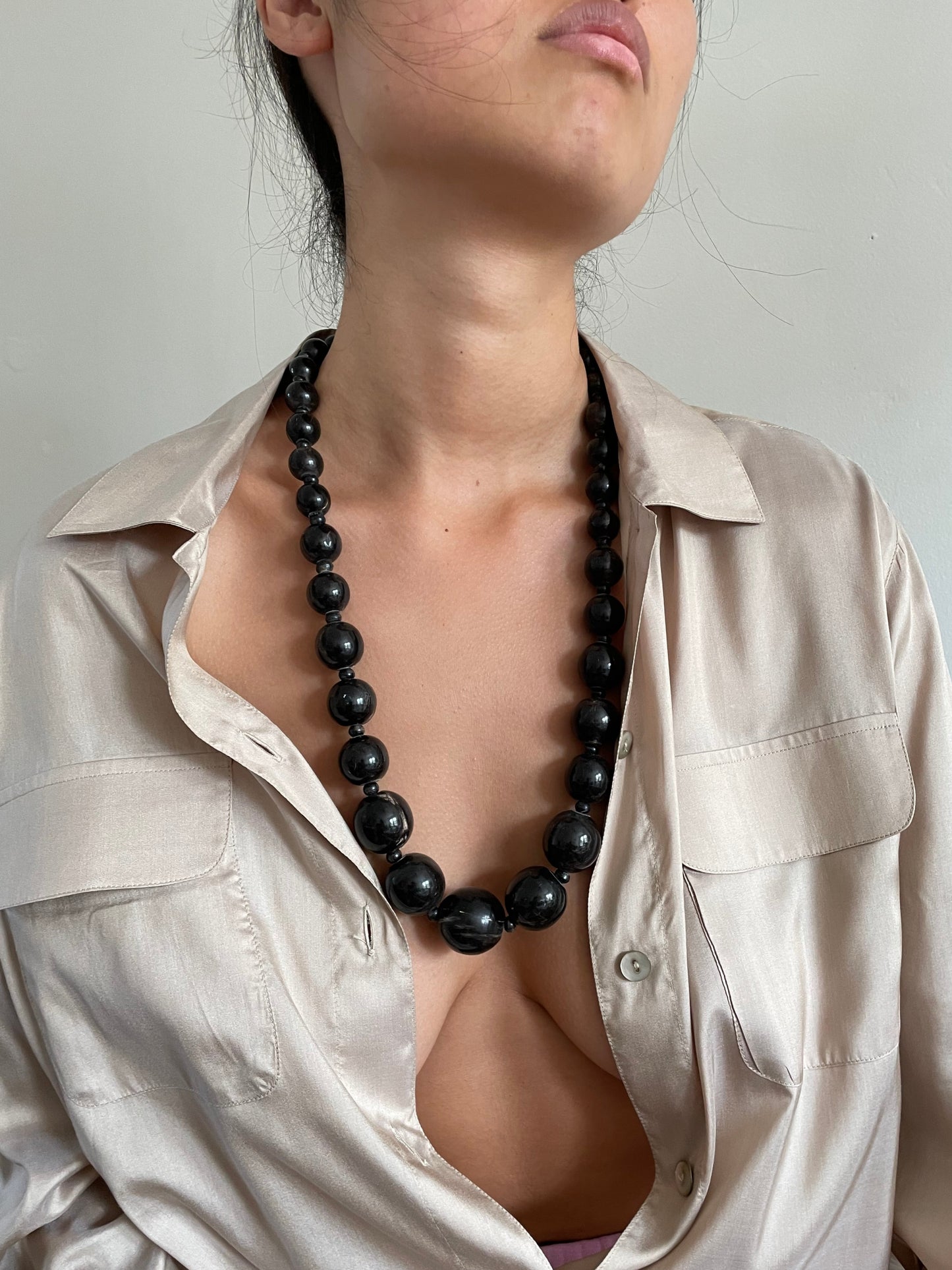 Vintage Monies by Gerda Lynggaard polished horn bead 30" modernist Scandinavian style statement necklace + horn hook clasp jewelry
