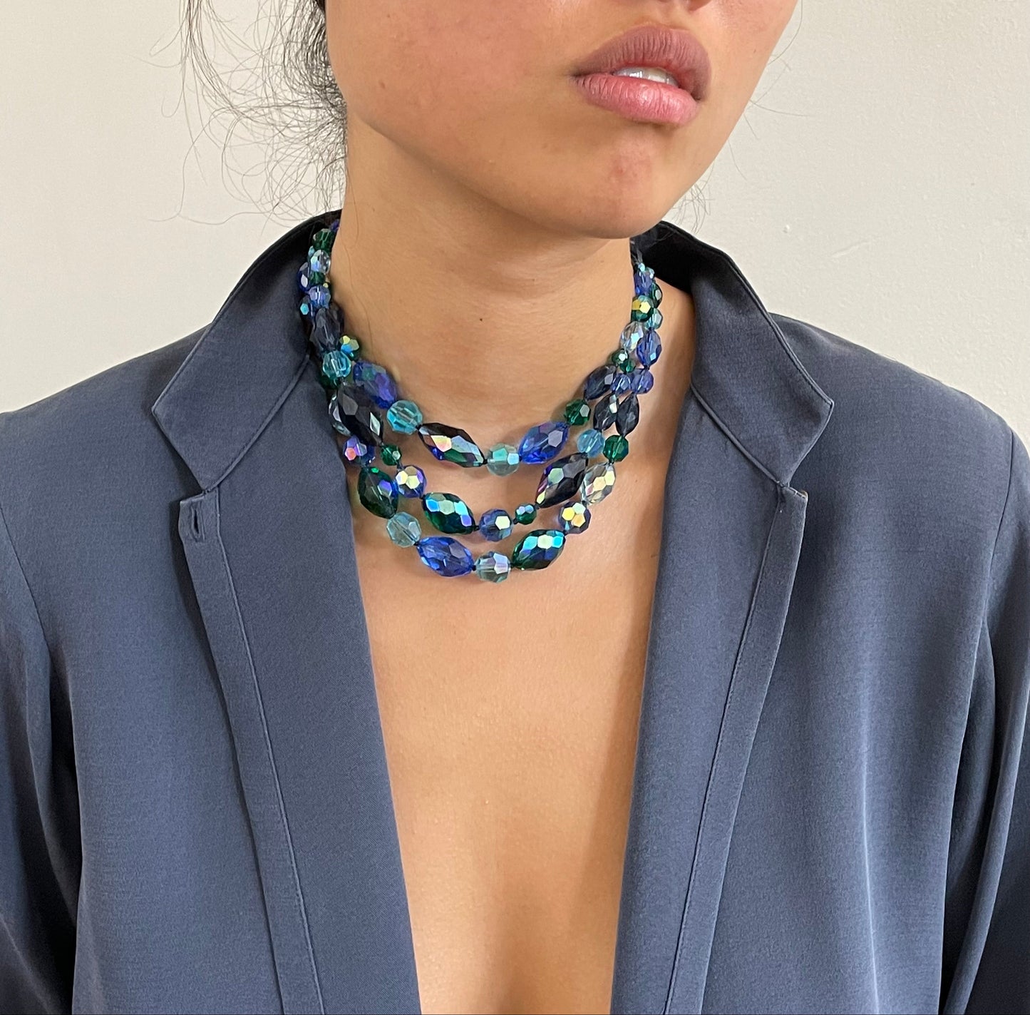 Vintage 50s Blue Aurora Borealis Cut Crystal 3 Strand Choker Collar Necklace + Earrings