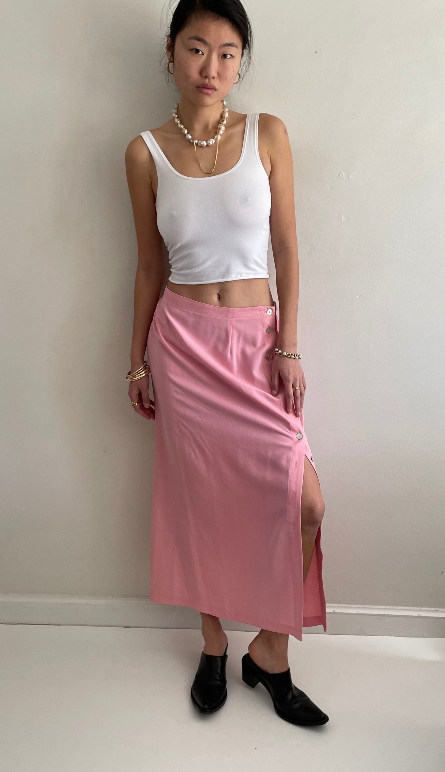 vintage 90s pink button front maxi skirt