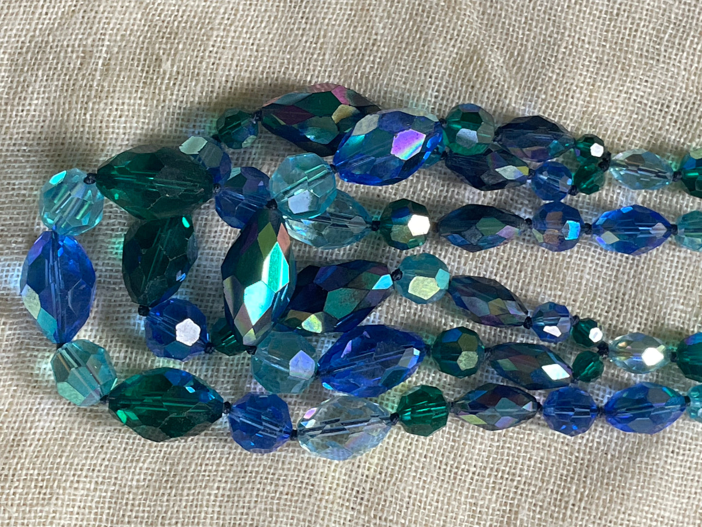 Vintage 50s Blue Aurora Borealis Cut Crystal 3 Strand Choker Collar Necklace + Earrings