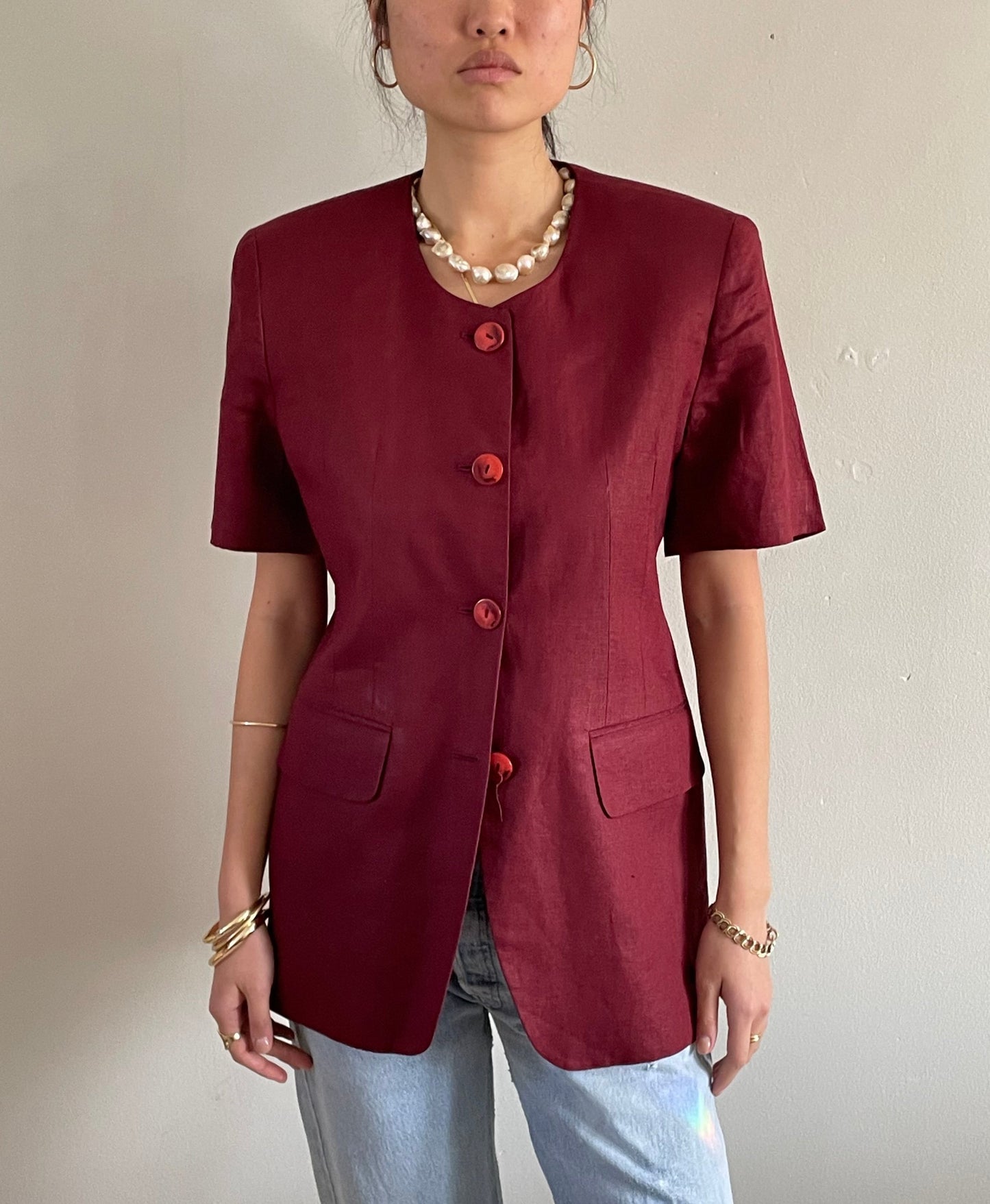 vintage oxblood burgundy linen short sleeve long line blazer Medium