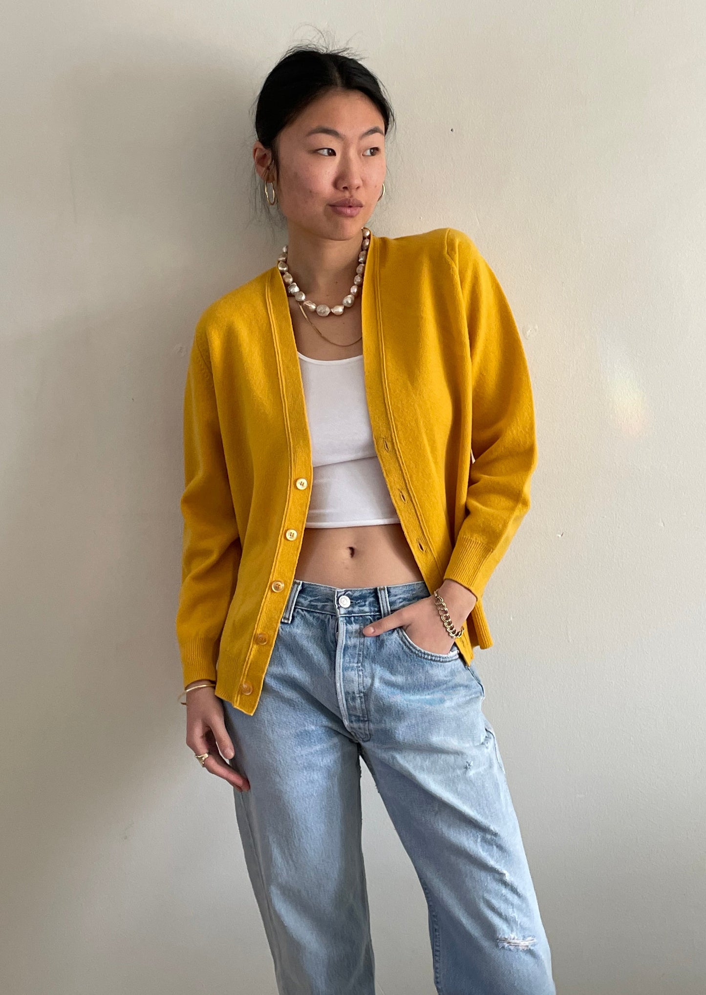 vintage 1950s HAWICO lambswool mustard yellow grandpa cardigan sweater