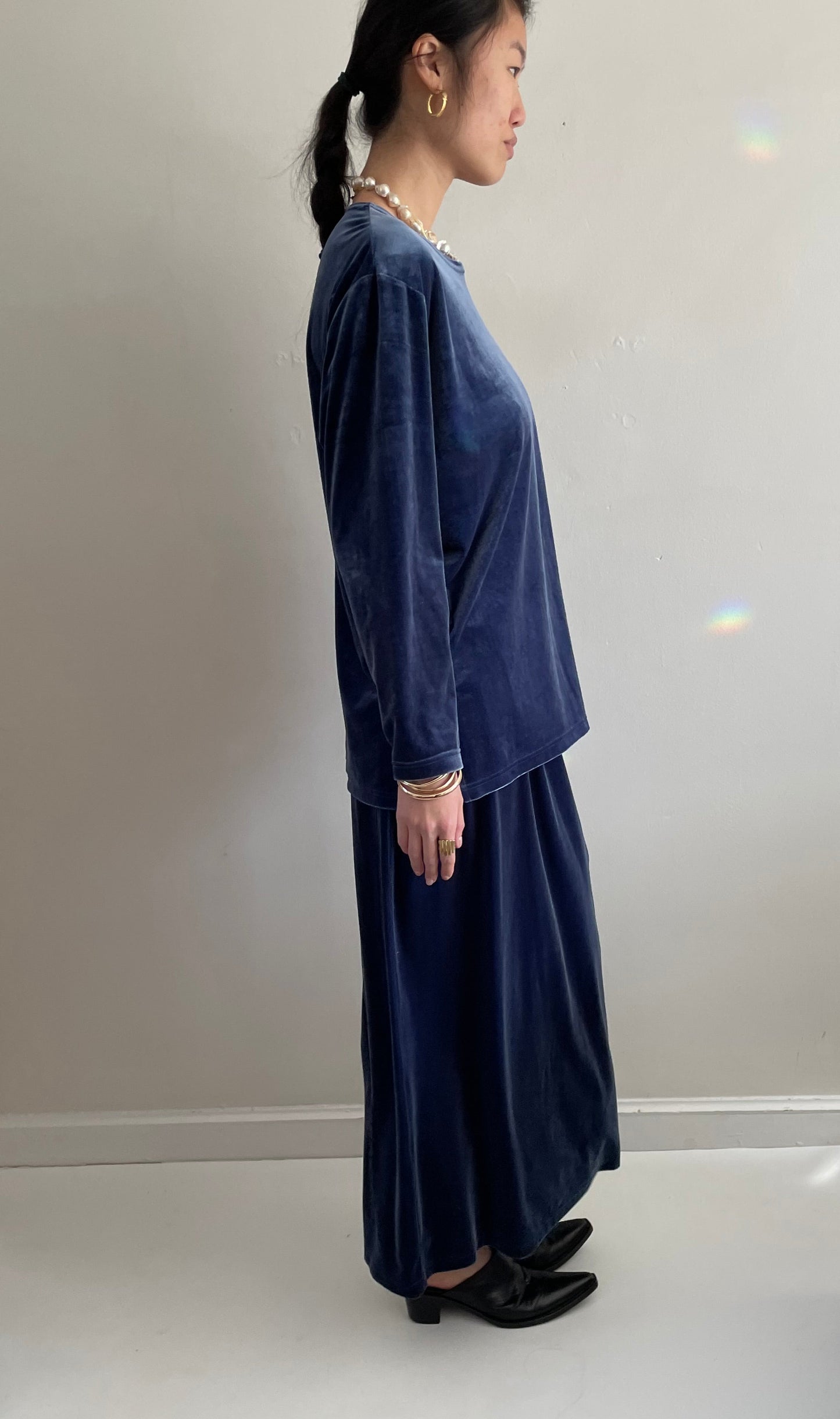 vintage 90s stretch velvet 2 piece indigo blue tunic sweatshirt + skirt matching set XL
