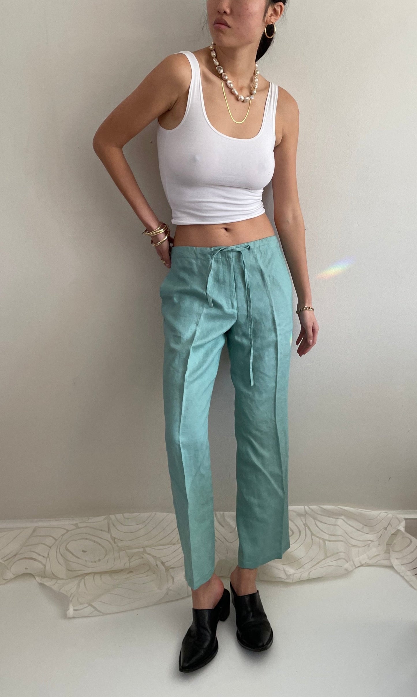 vintage linen drawstring sea foam aqua green linen easy wide leg pants | Medium