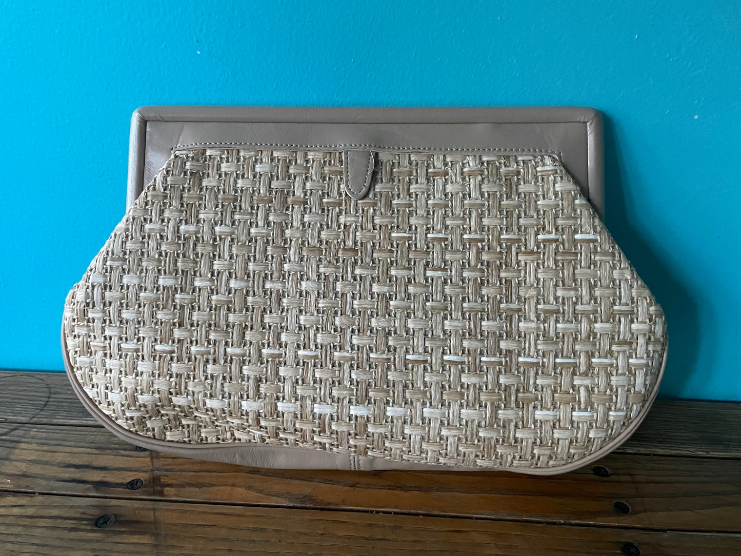 Vintage 90s woven rattan + leather clutch shoulder purse cross body handbag Etienne Aigner