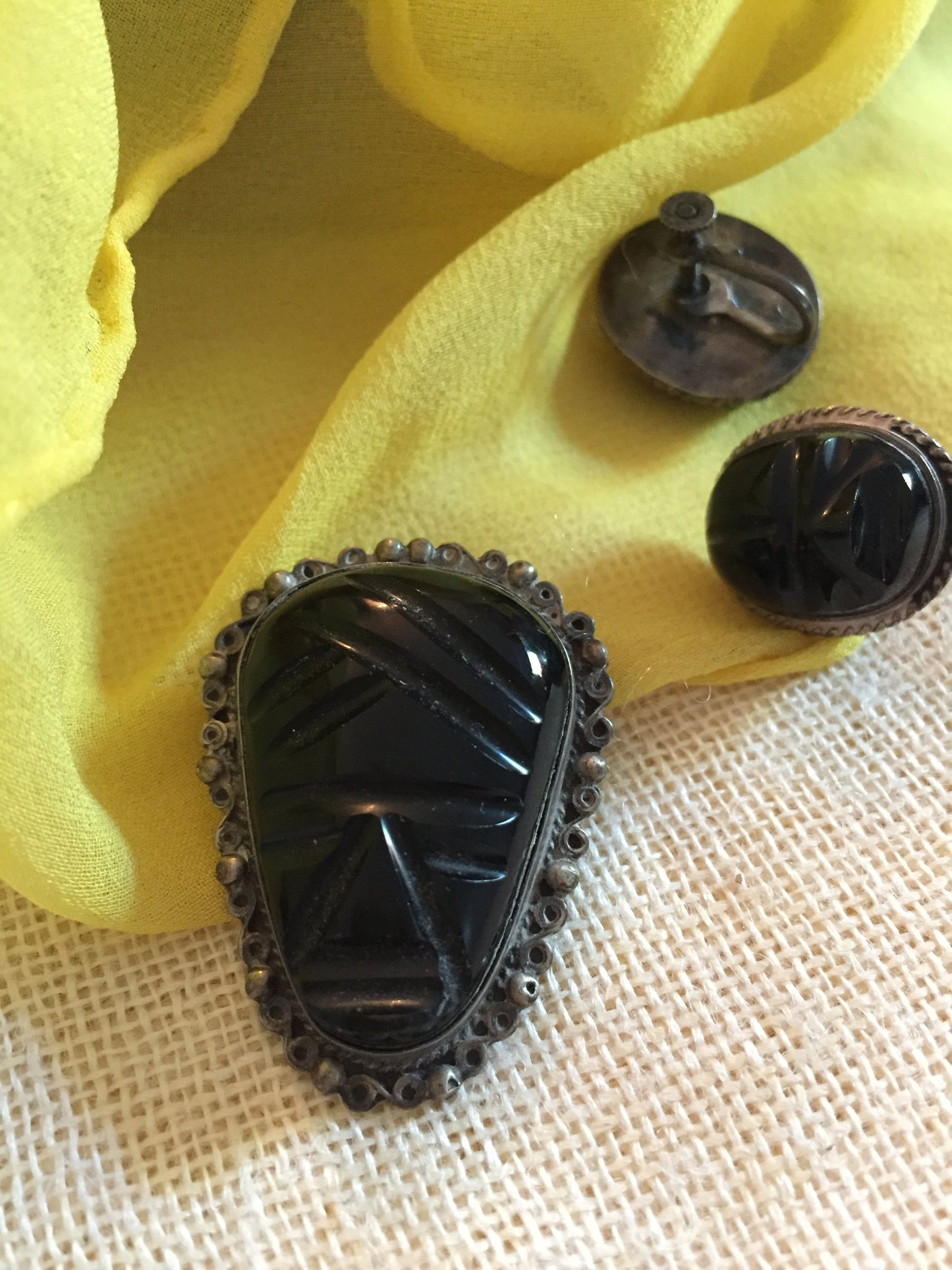 Vintage 50s Carved Onyx Earrings + Pin Brooch Matching Set Taxco Hand Crafted in Mexico Sterling Silver Carved Onyx Set