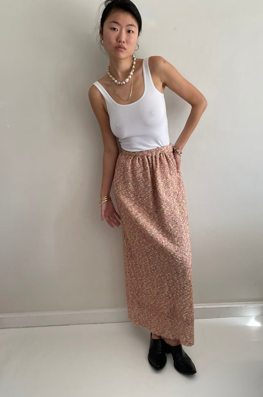 vintage 70s pink nubby boucle wool tweed handmade maxi skirt | Waist size 26