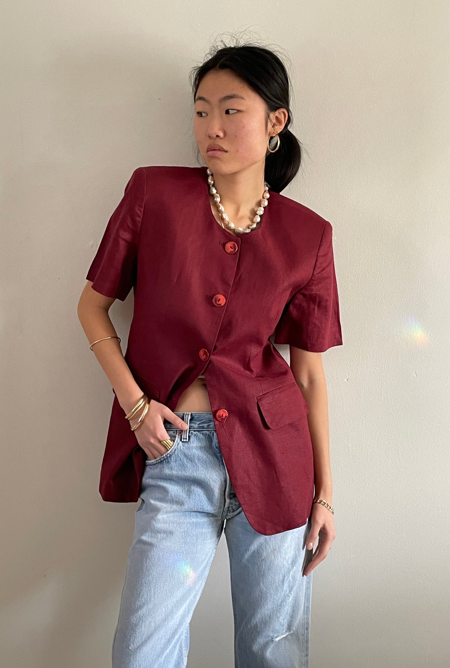 vintage oxblood burgundy linen short sleeve long line blazer Medium