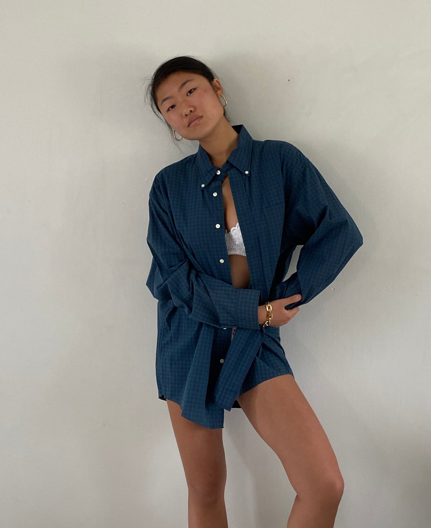 vintage 90s Brooks Brothers Navy Blue + Forest Green Gingham Oversized Button Down Boyfriend Shirt XL