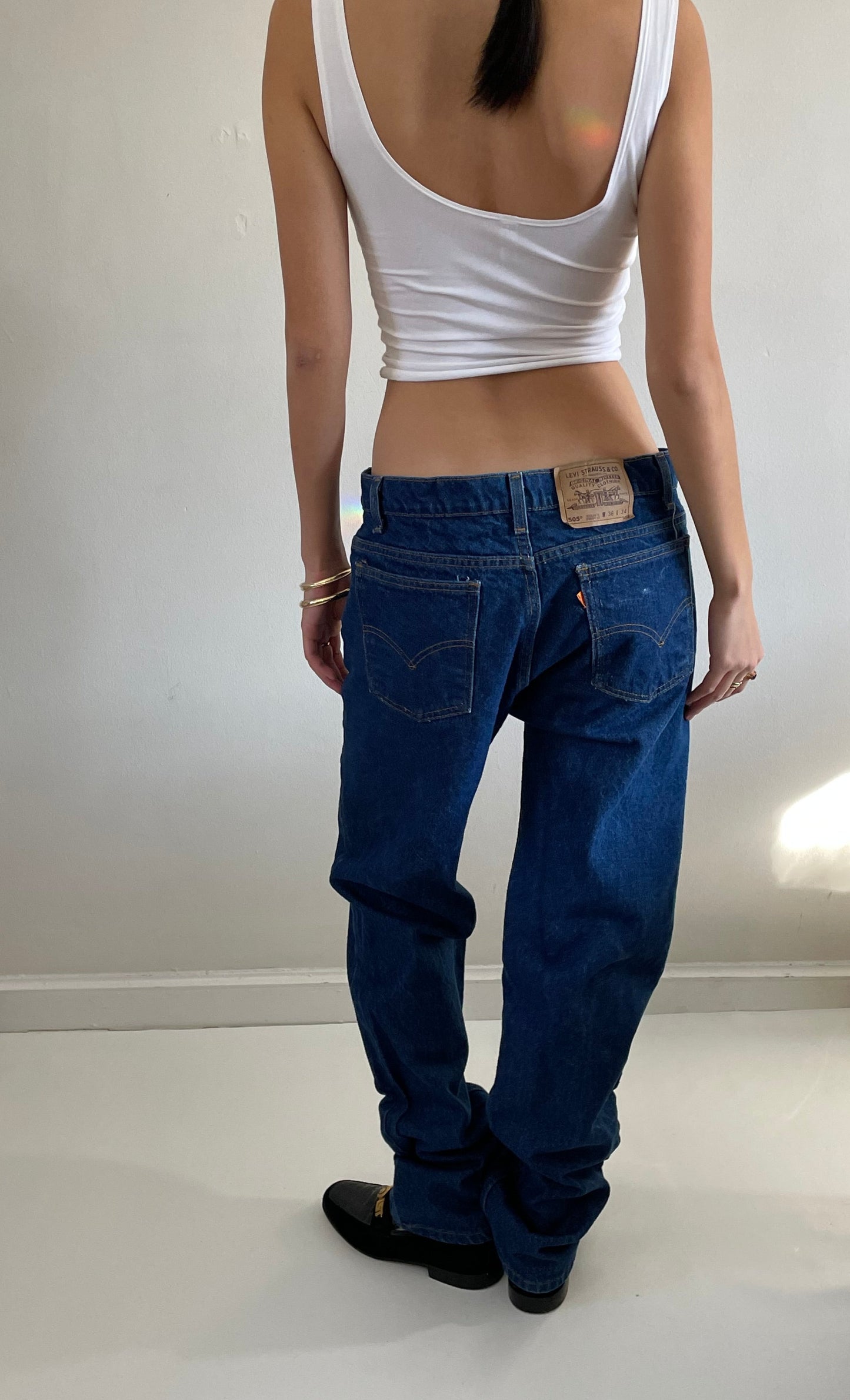 vintage Levi's 505 orange tab dark wash slouchy baggy zipper fly boyfriend tall Levis jeans size 34
