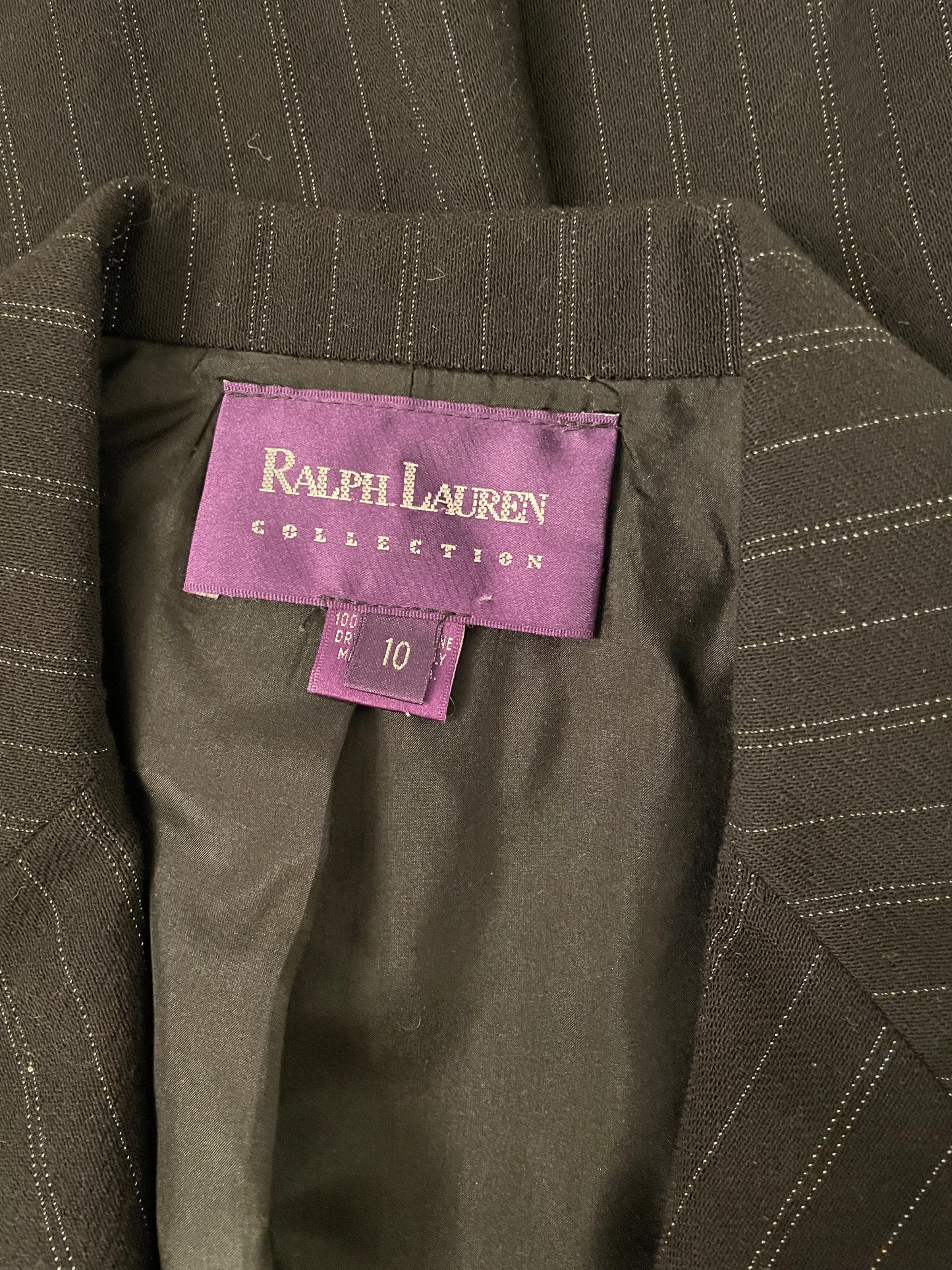 Vintage 90s Ralph Lauren Collection Cropped Pinstripe Black Wool Blazer | Purple Label USA size 10