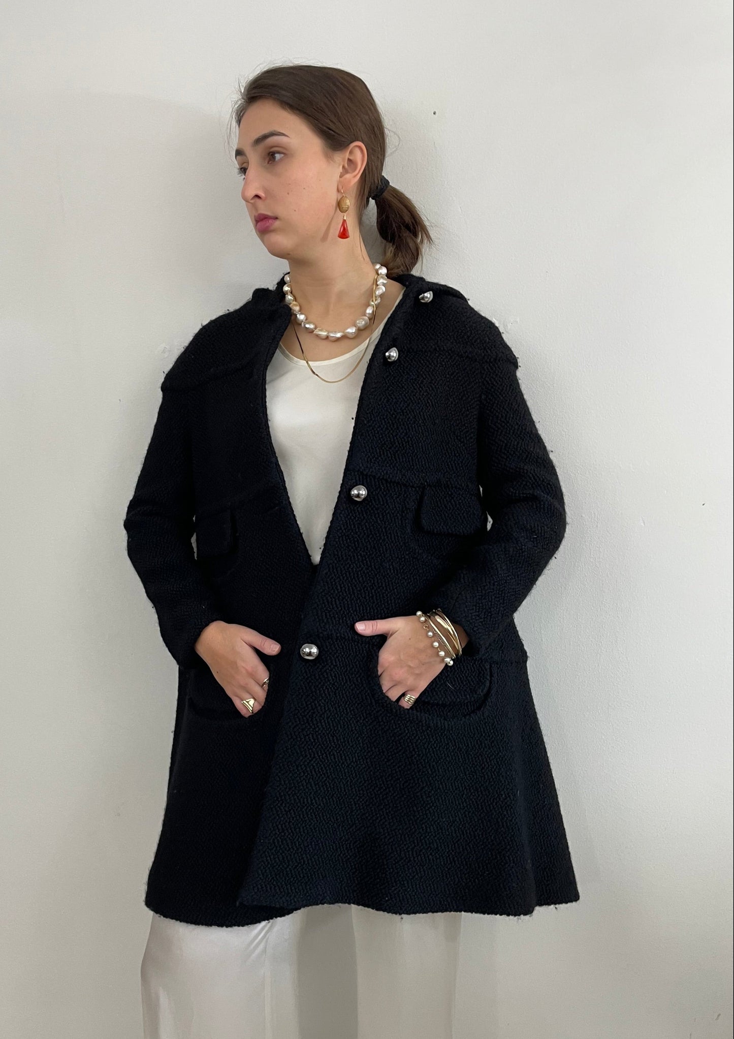 Vintage Black Boucle Wool Martin Grant Paris Hooded Swing Coat + Silver Buttons