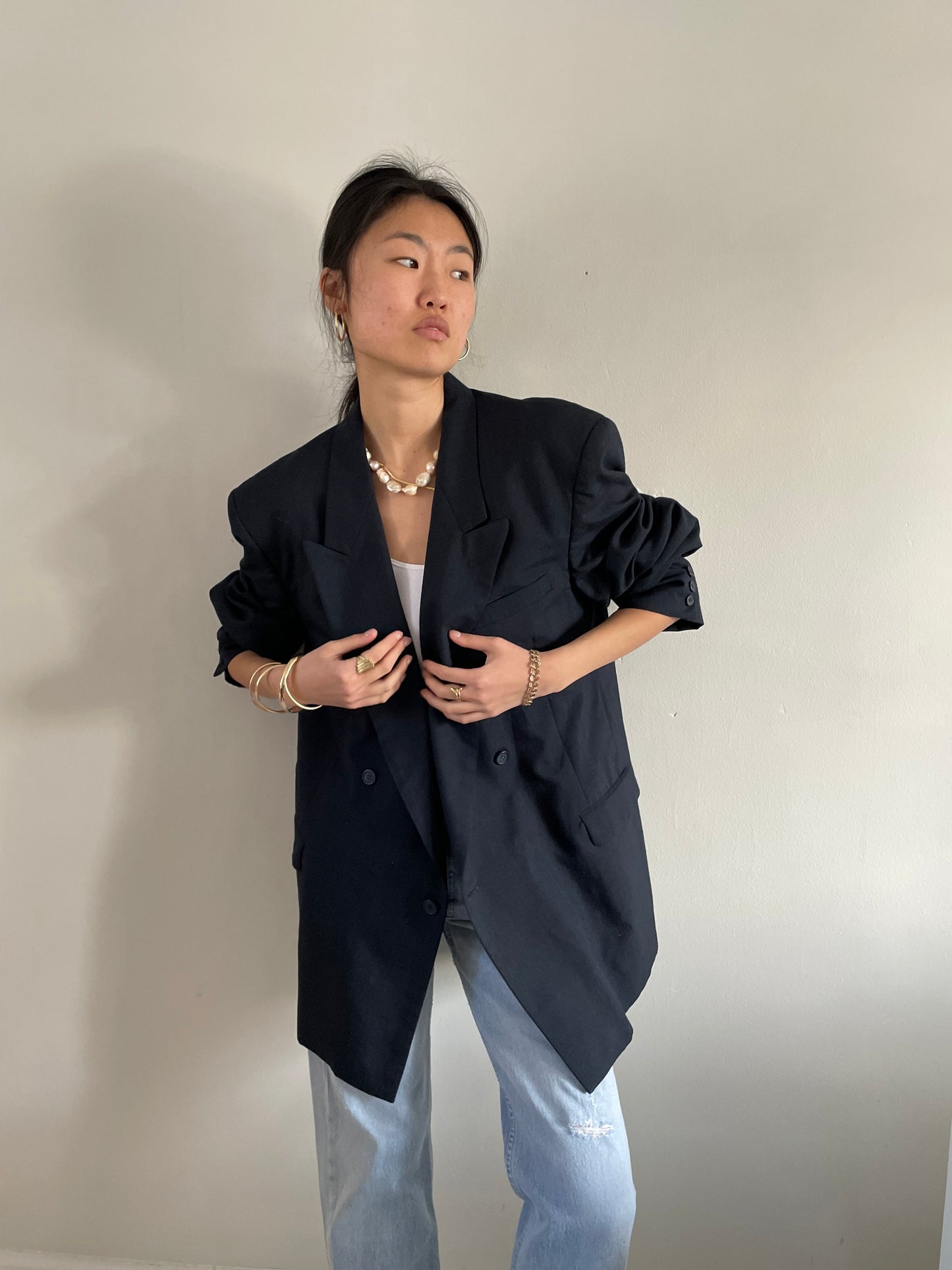 vintage oversized double breasted peaked lapel midnight navy blue menswear boyfriend blazer