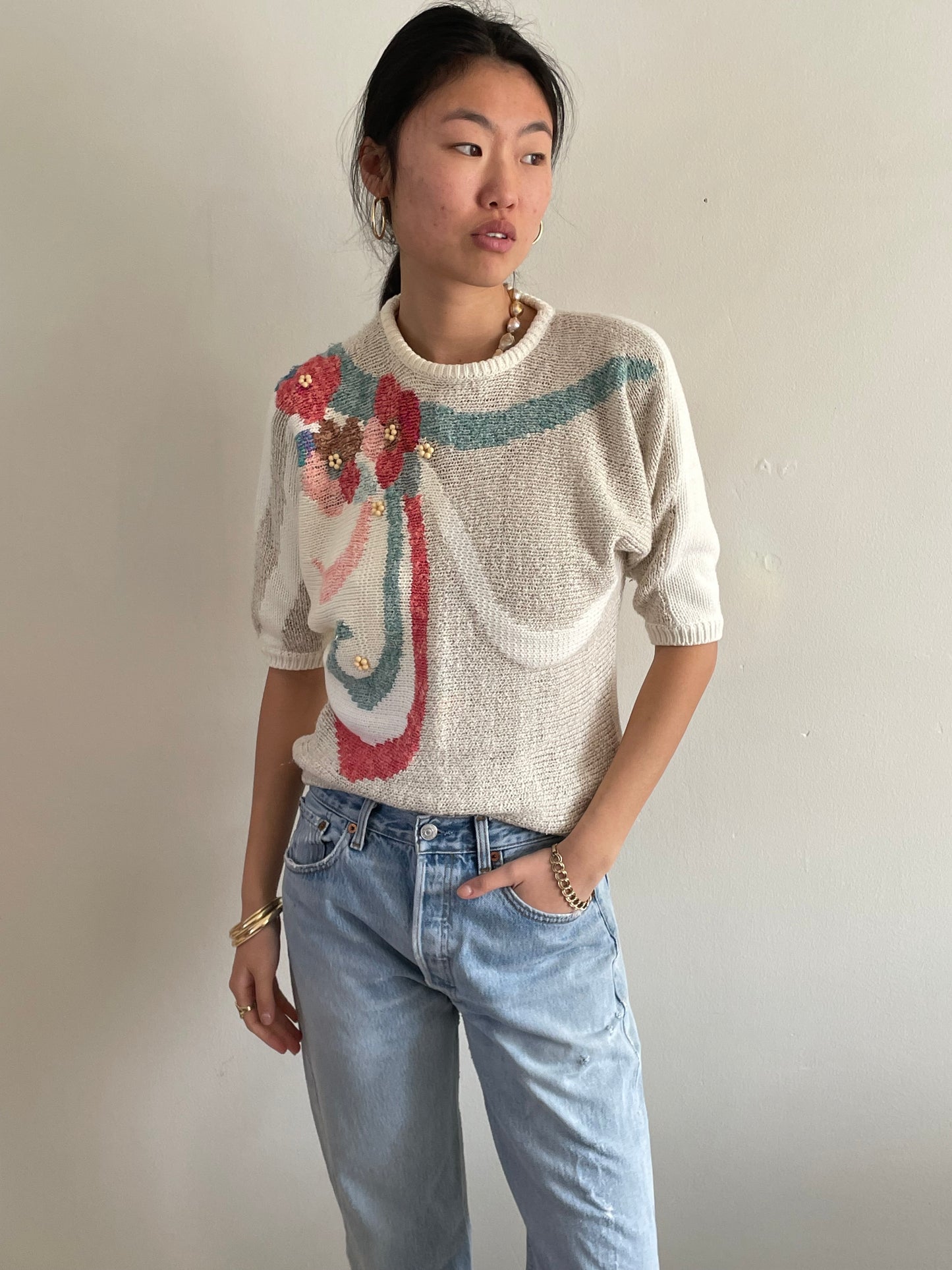 vintage white cotton intarsia floral batwing sweater