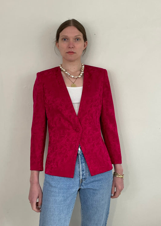 vintage 90s 100% silk jacquard cropped tuxedo blazer blouse Made in Hong Kong Small