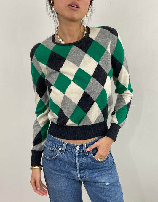 Vintage 100% Cashmere Hand Intarsia Crewneck Pringle Scotland Sweater | Small