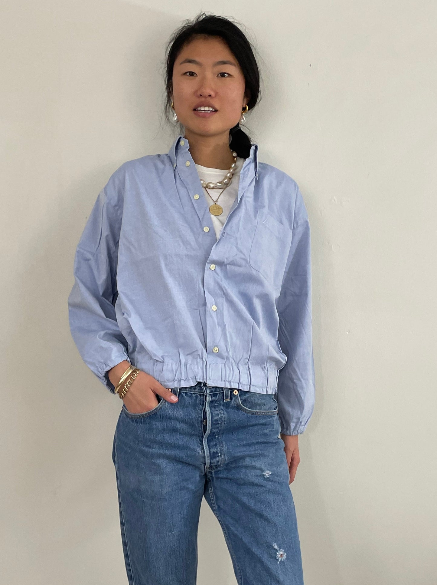 vintage 90s Ice Blue Cropped Blouson Cotton Shirt Blouse