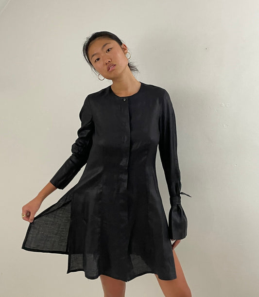 Vintage 100% handkerchief linen avant-garde black shirt dress M