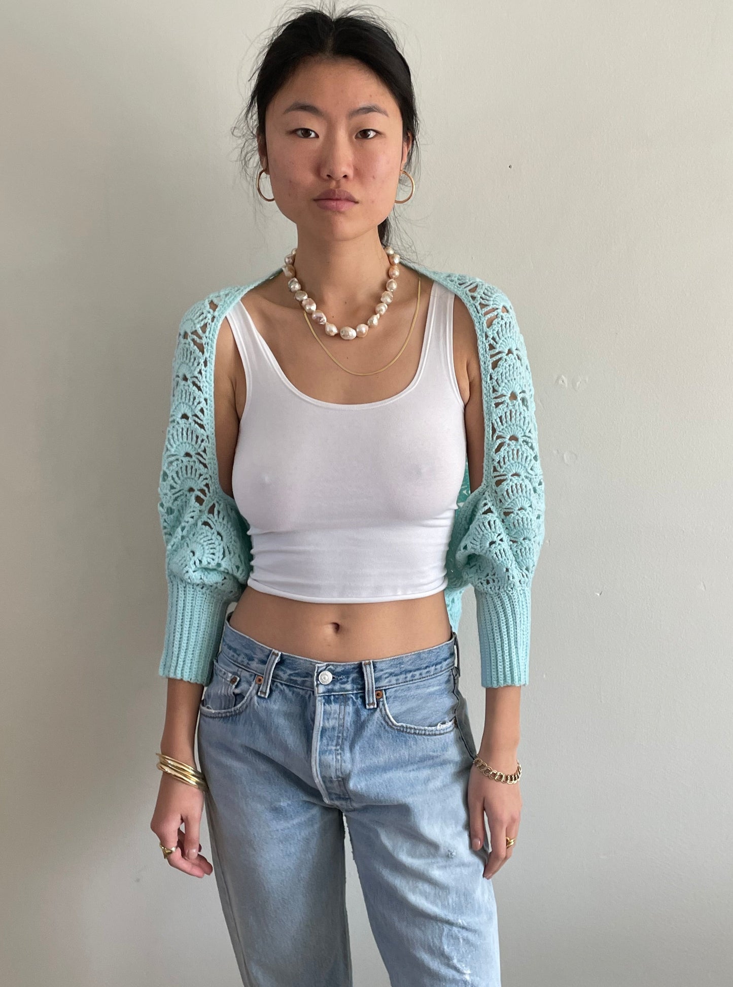 vintage aqua seafoam hand crochet cropped sweater shrug