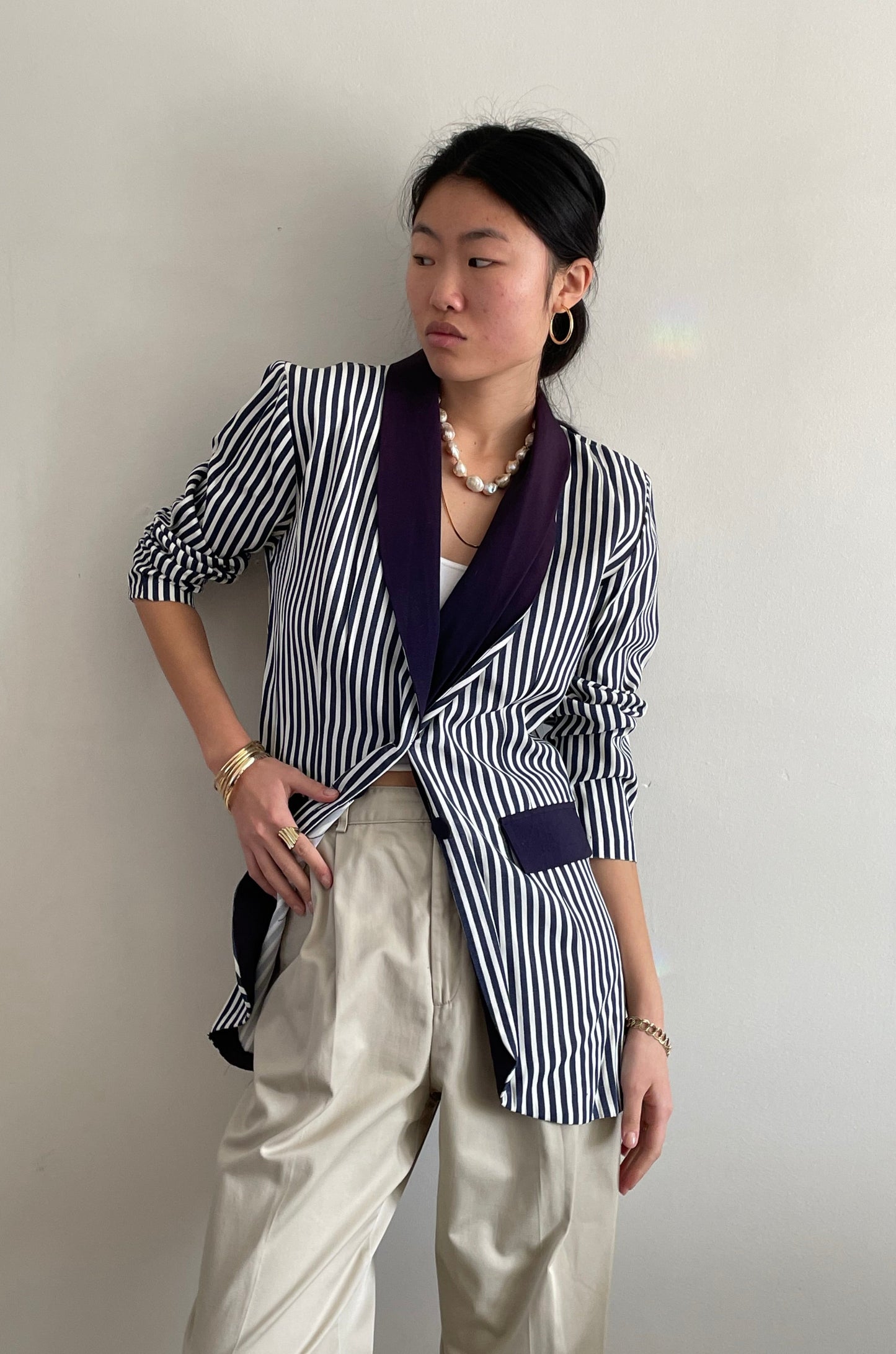 vintage 90s navy blue striped rayon blazer Large