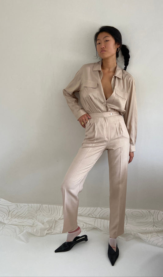 vintage 90s 100% silk pants | beige champagne high waisted pleated silk trouser pants | XS 26 waist