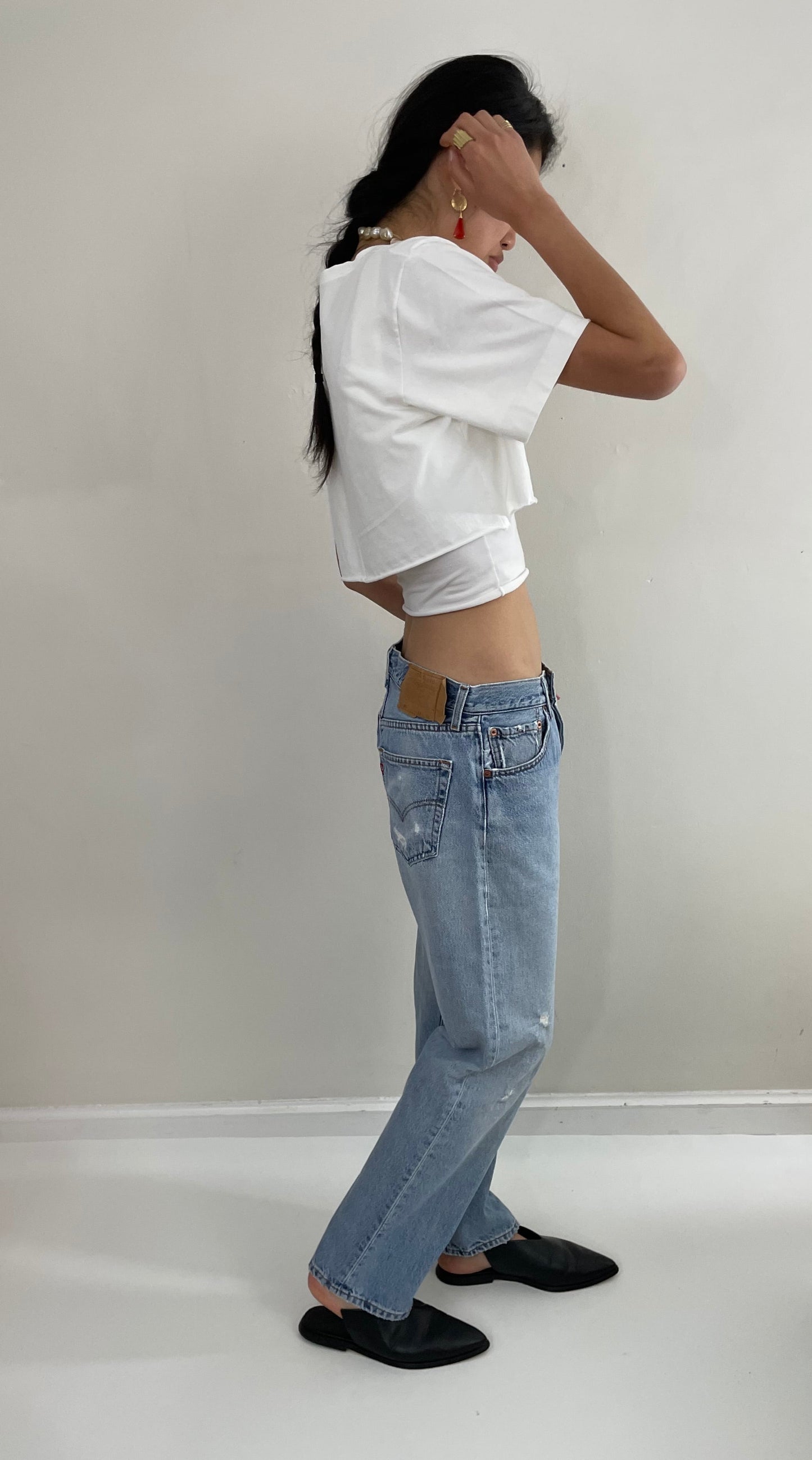 RESERVED Vintage 80s Levi's 501 faded button fly medium wash red tab patched knee Levis iconic jeans size 32 x 29