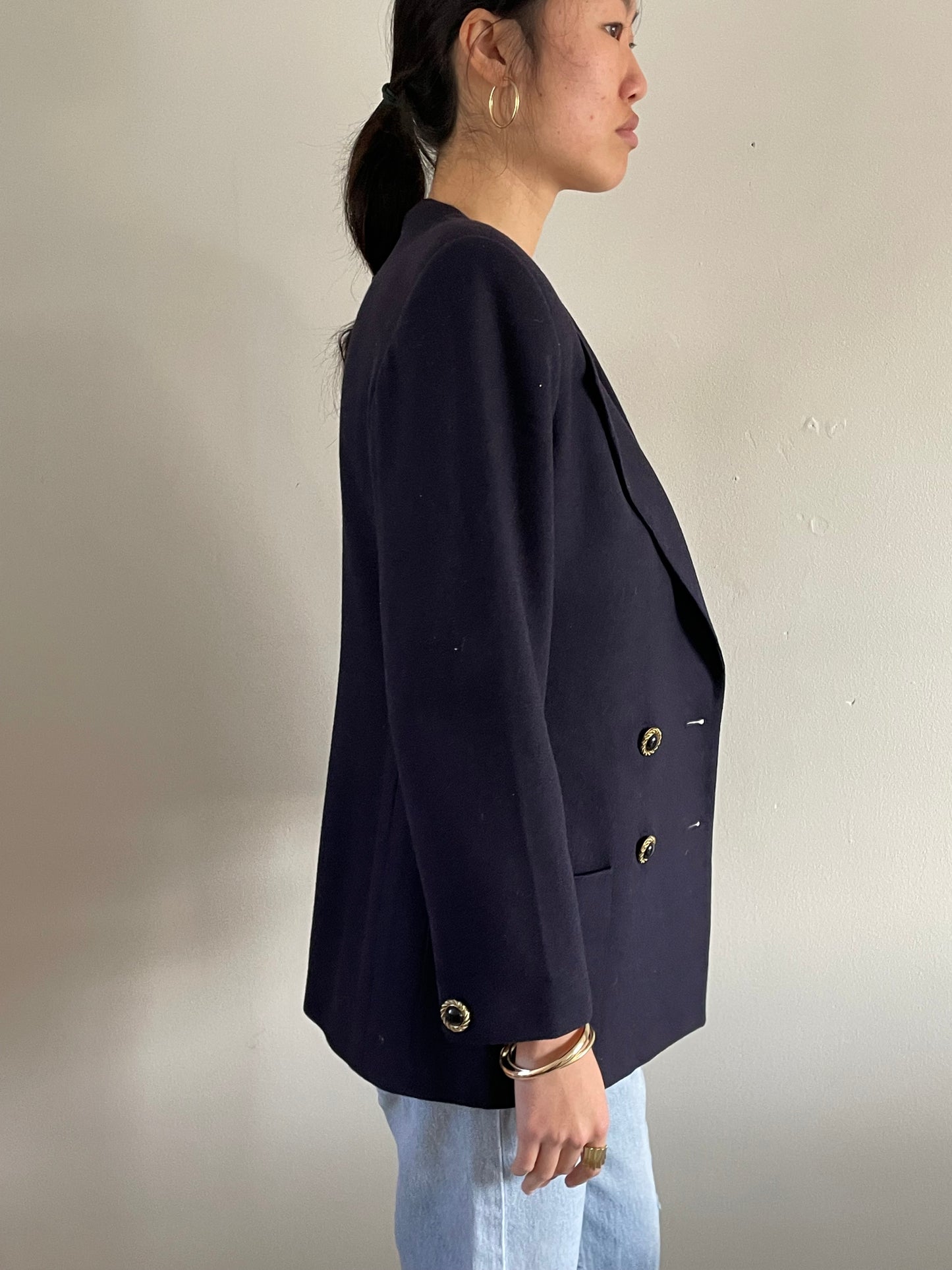 vintage double breasted cropped navy blue wool 90s blazer Medium