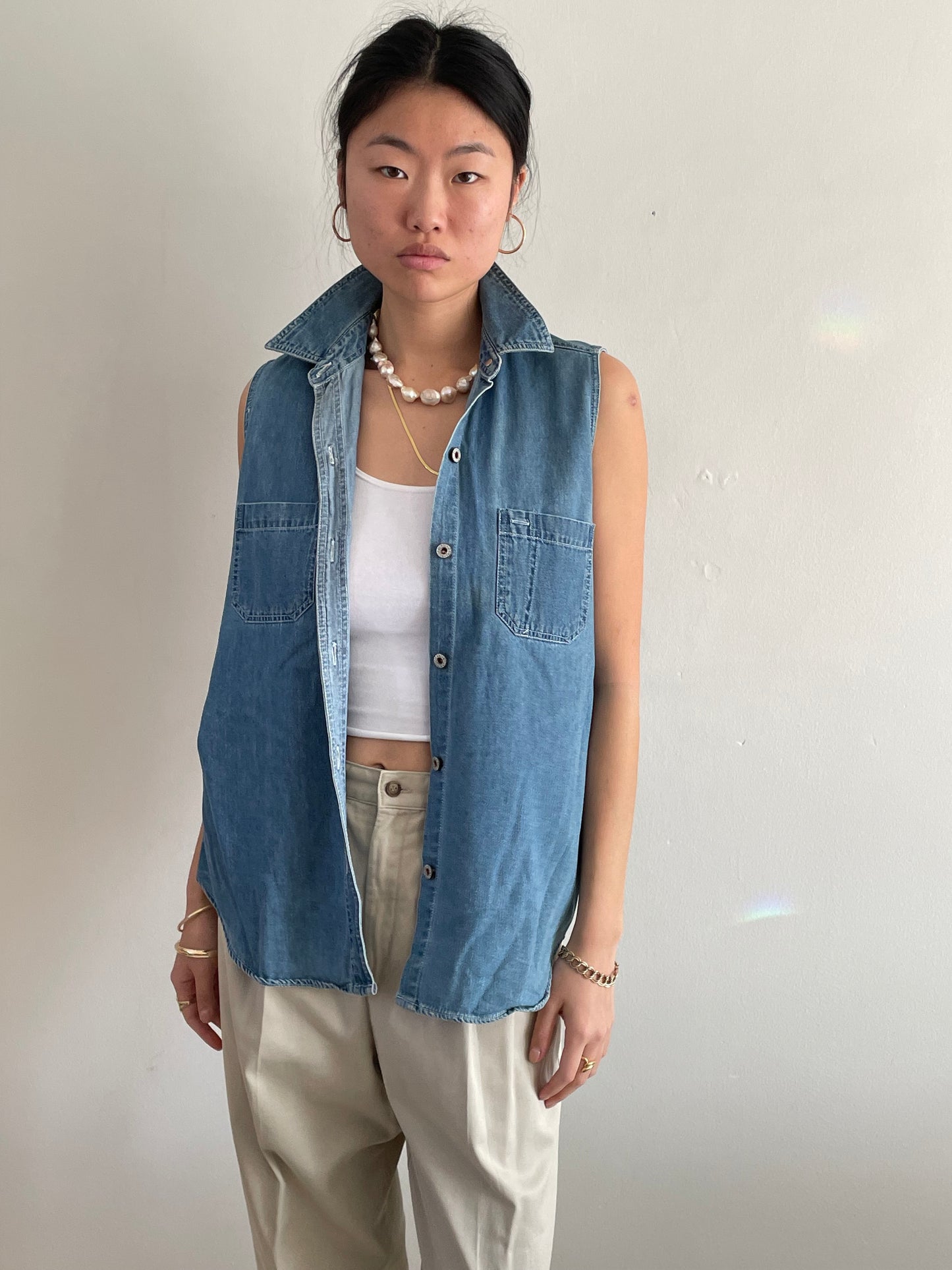 vintage Bill Blass sleeveless denim chambray blouse L