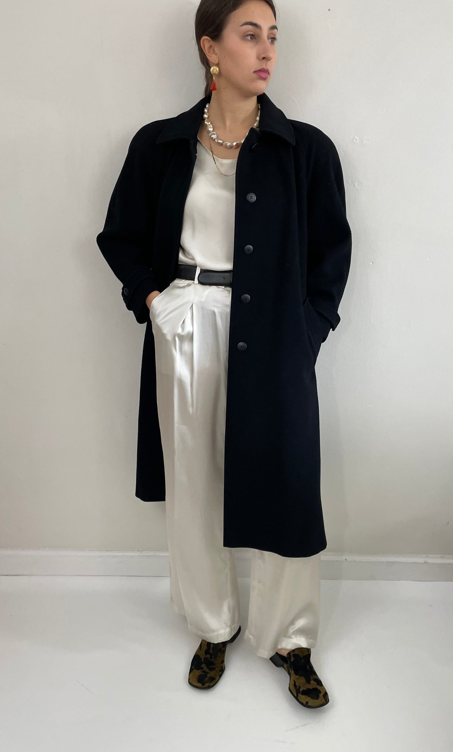 Vintage 90s Long Black Wool Overcoat Winter Coat