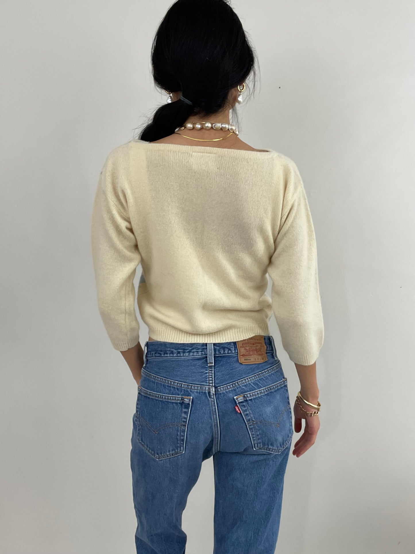 Vintage 70s Lambswool Intarsia Boatneck Cropped Sweater