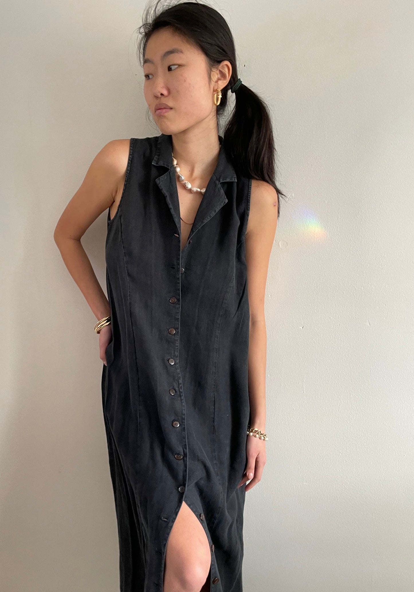 vintage 90s 100% linen black maxi sleeveless shirt dress Med