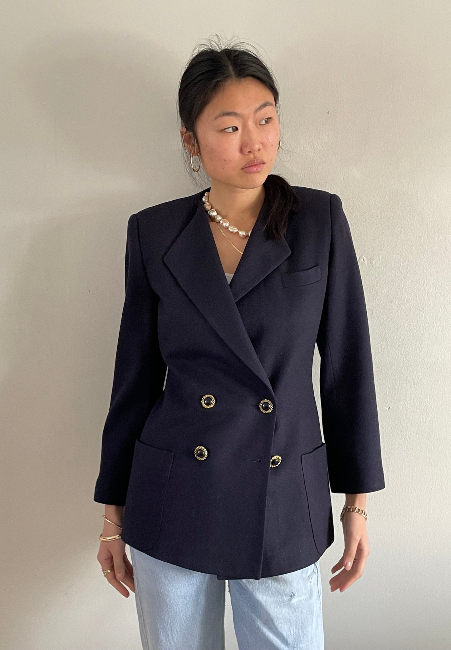 vintage double breasted cropped navy blue wool 90s blazer Medium