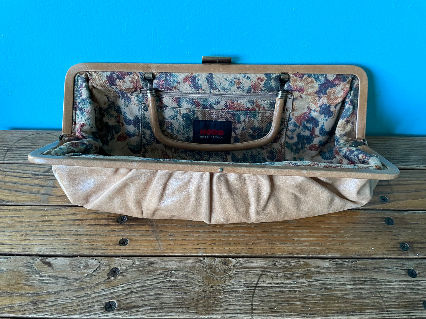 vintage leather baguette purse handbag | tan leather long smooth minimalist baguette with top handle
