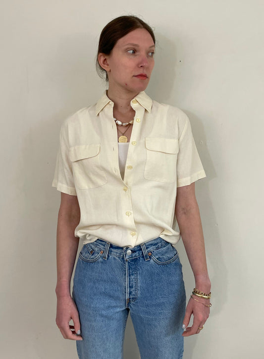 Vintage 90s Cotton Linen Creamy Butter Yellow Short Sleeve Pocket Cropped Camp Minimalist Blouse Small