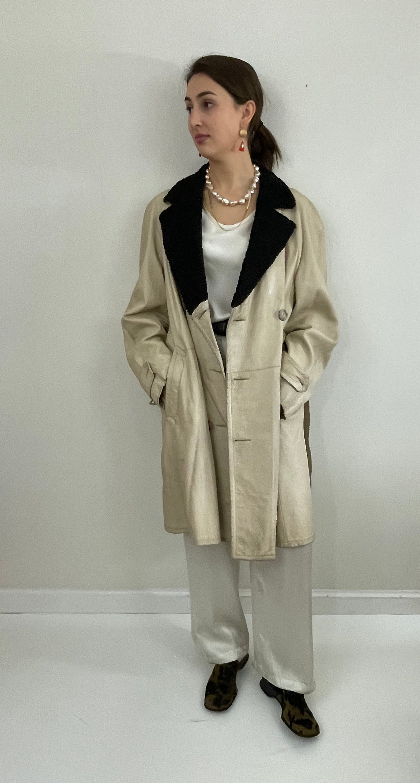 Vintage Leather Belted Trench Coat Persian Lamb Collar Menswear