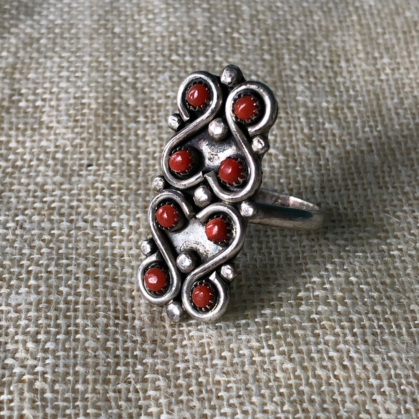 Vintage 50s Artisan Hand Wrought Navajo Red Coral Cluster Statement Sterling Silver Ring
