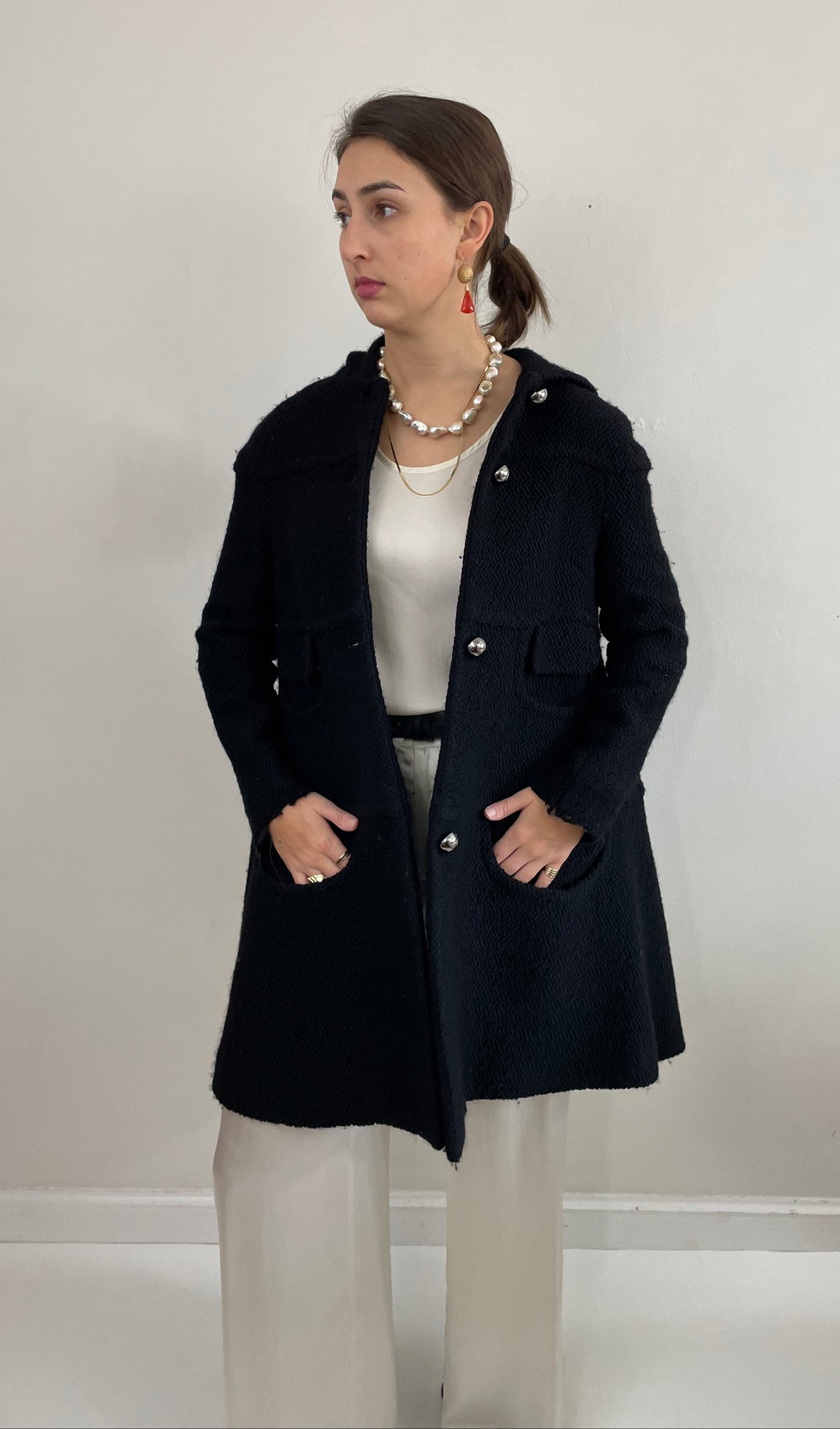 Vintage Black Boucle Wool Martin Grant Paris Hooded Swing Coat + Silver Buttons