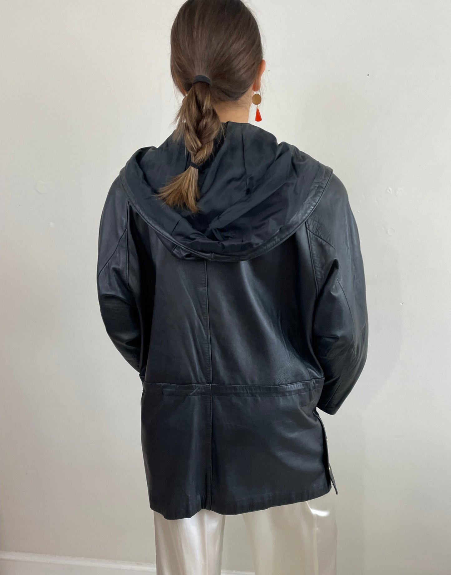 Vintage 90s Black Leather Jacket: Hooded Raglan Sleeve Zip Front Coat Medium