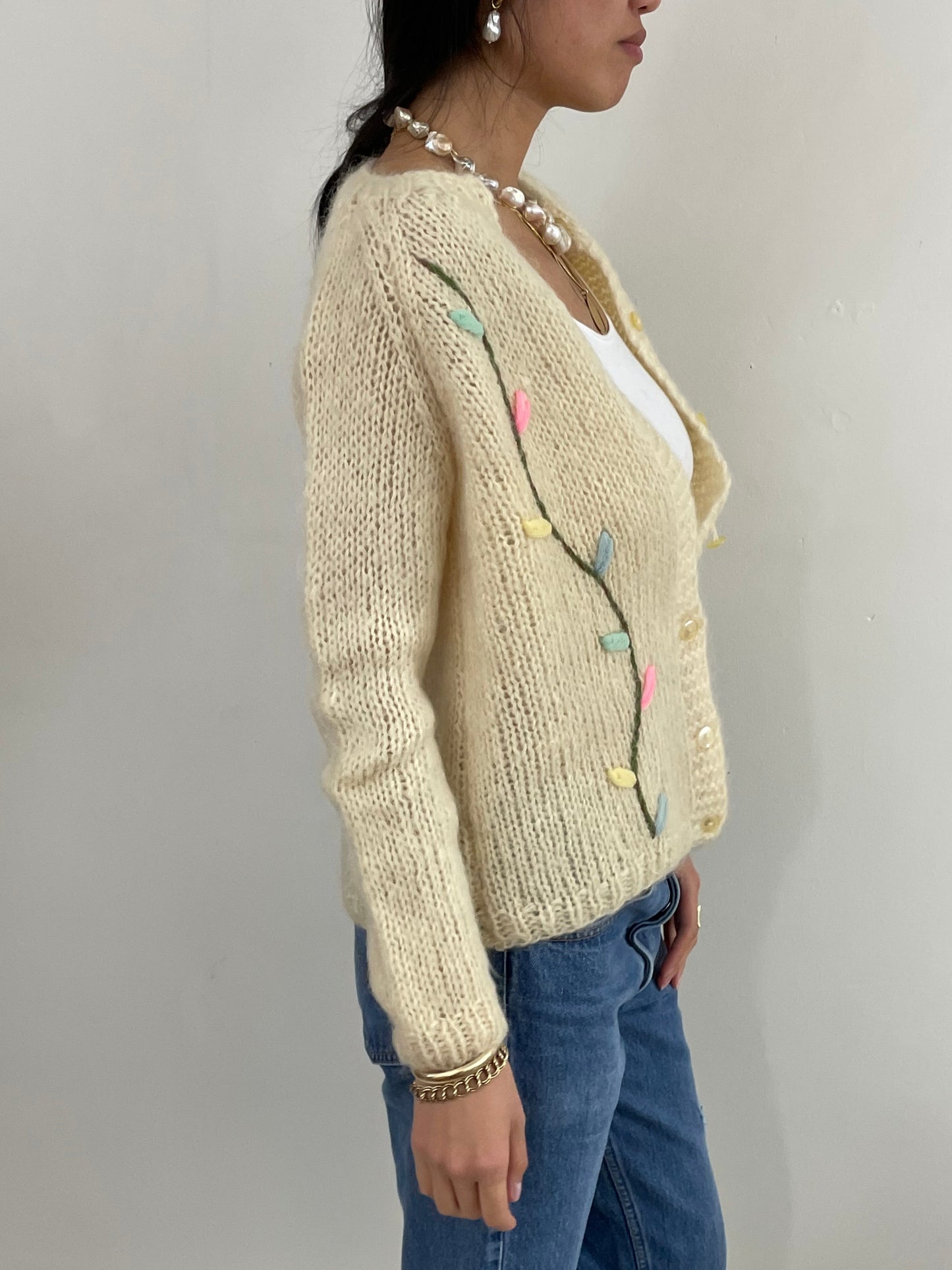 Vintage 60s Hand Knit Italian Fuzzy Wool Mohair Cardigan