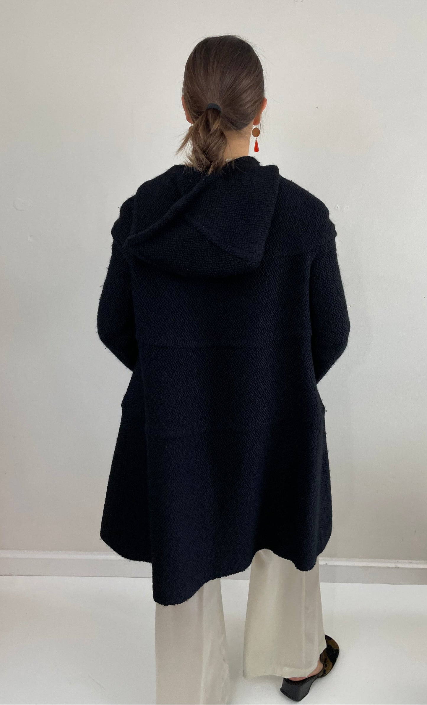 Vintage Black Boucle Wool Martin Grant Paris Hooded Swing Coat + Silver Buttons
