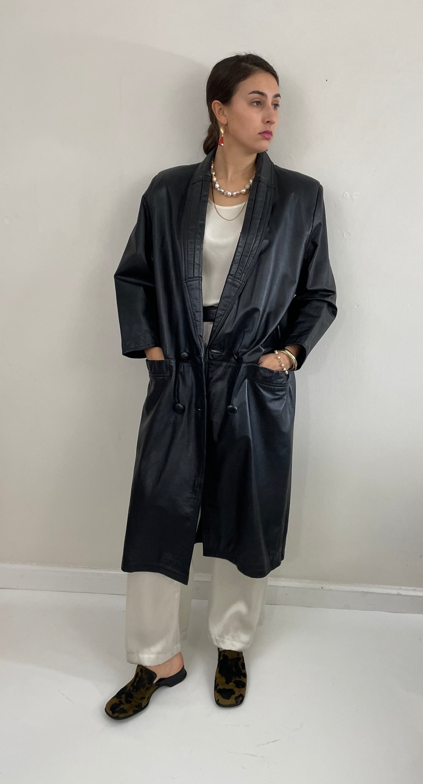 Vintage 90s Leather Trench Black Double Breasted Jacket
